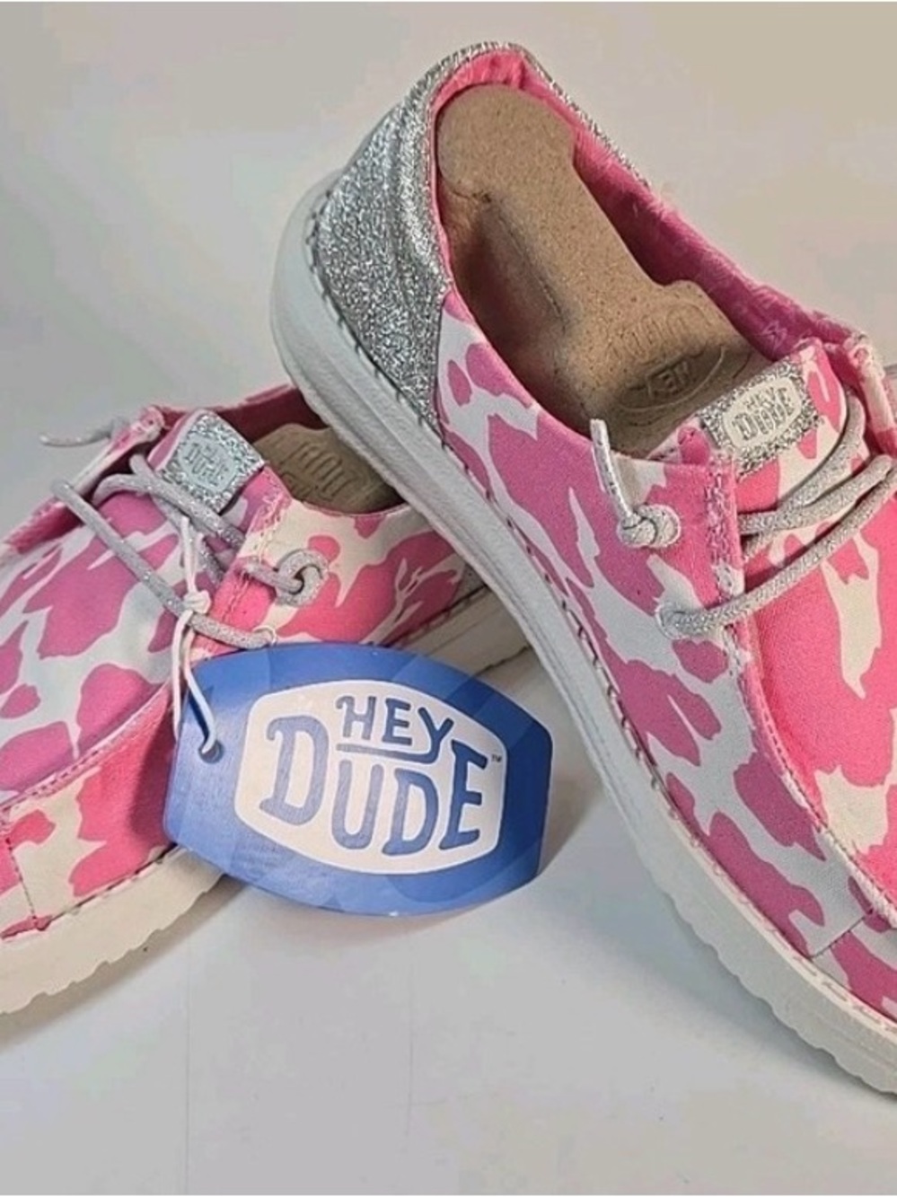 NWT Hey Dude Pink Cow Print with Silver Glitter Slip On Loafers - Picture 7 of 7